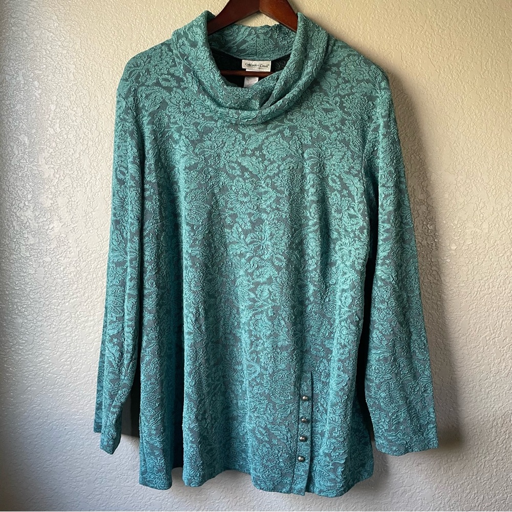 Coldwater Creek Womens 2X Teal Lace Artsy Boho Floral Cowl Neck Tunic Top